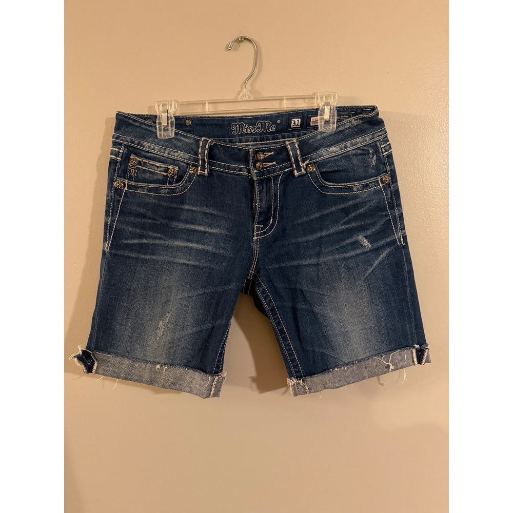 Miss Me Dark Blue Distressed Denim Jean Shorts